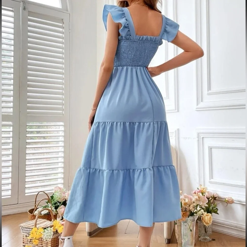 Smocked Shirred Ruffle Sleeve Dress - Picture 2 of 12